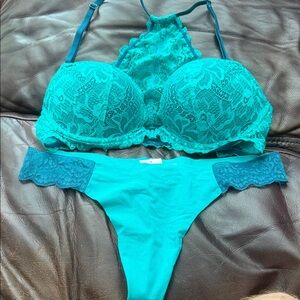 VS PINKTeal Lace Push-Up Bra & Thong Set - Women Intimates